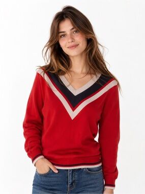 Women's Red V-Neck Chevron Trim Sweater